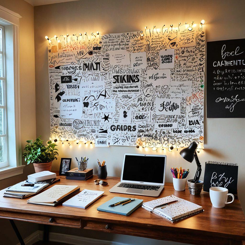 A creative workspace featuring an elegant desk with an open notebook filled with vibrant handwritten notes and sketches, surrounded by colorful pens and a steaming cup of coffee. In the background, a soft window light casts a warm glow over scattered inspiration quotes on the wall. A subtle touch of artistic flair with floating letters and words spiraling around. super-realistic. vibrant colors. cozy atmosphere.