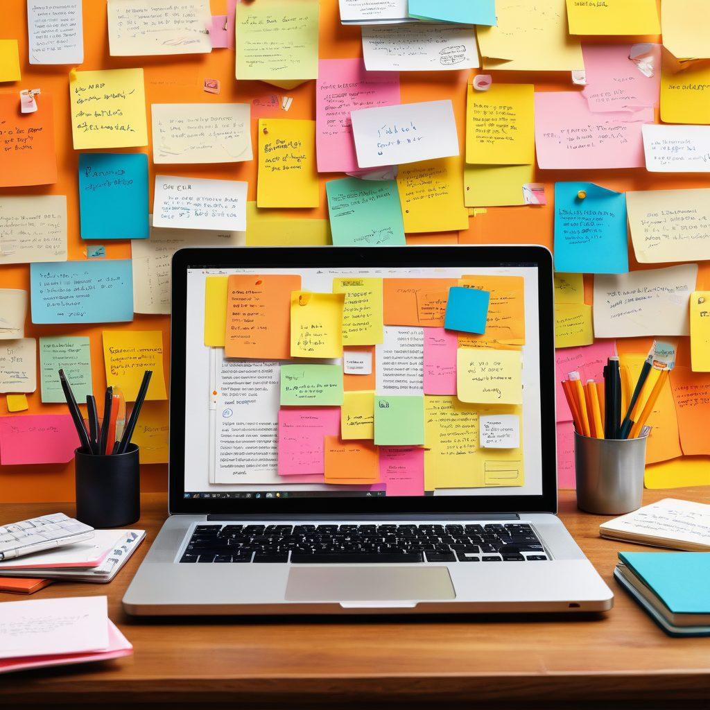 A vibrant collage depicting an open personal journal with handwritten notes, surrounded by diverse digital devices displaying varied guest opinions in speech bubbles. Include elements like colorful sticky notes, a laptop, and a smartphone, emphasizing creativity and digital diversity. The background should be dynamic and modern, showcasing a blend of personal and professional elements. super-realistic. vibrant colors. 3D.