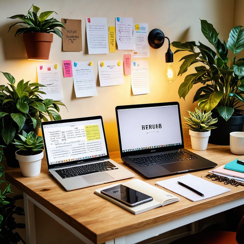 A visually striking workspace featuring a cozy desk with a laptop, open notebook filled with colorful notes, a steaming cup of coffee, and a potted plant for inspiration. Surround the workspace with creative elements like floating lightbulbs and whimsical typography showcasing engaging article titles. The scene should exude a vibrant and inviting atmosphere, making it appealing to bloggers seeking creativity. super-realistic. vibrant colors. soft lighting.